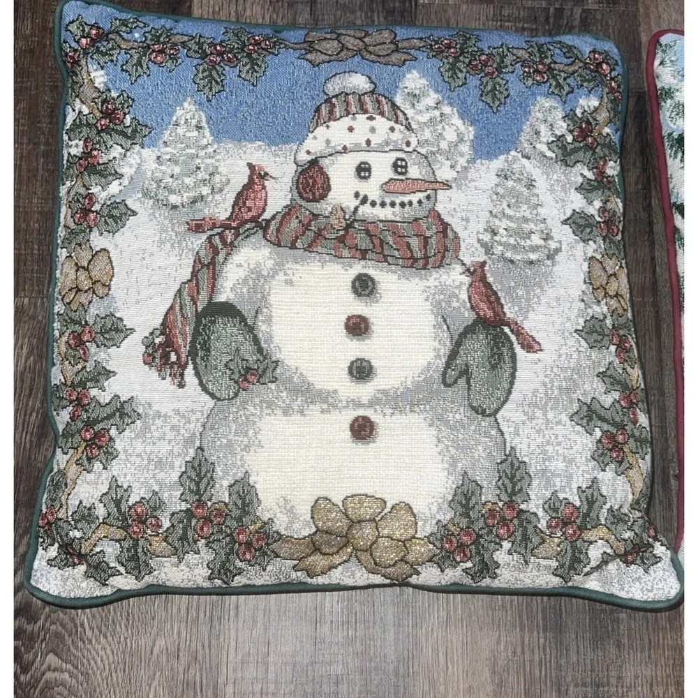 2 Tapestry Christmas Throw Pillows Snowman And Winter Scene